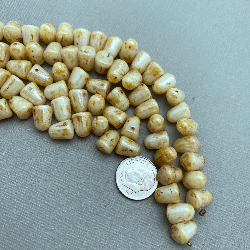 Polished Beige & Brown Picasso Gumdrop Czech Glass Beads (7x10mm) (SCG79)