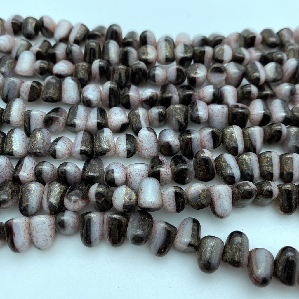Shiny Black & Milky White Gumdrop Czech Glass Beads (7x10mm) (SCG83)