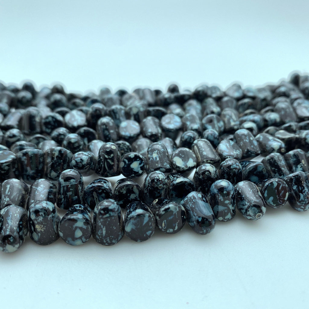 Shiny Black & Blue Picasso Gumdrop Czech Glass Beads (7x10mm) (SCG84)