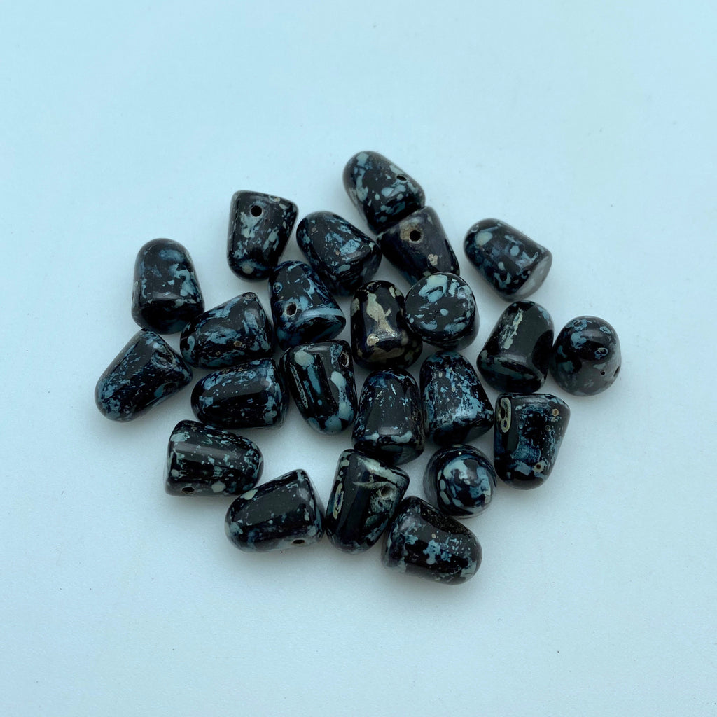 Shiny Black & Blue Picasso Gumdrop Czech Glass Beads (7x10mm) (SCG84)