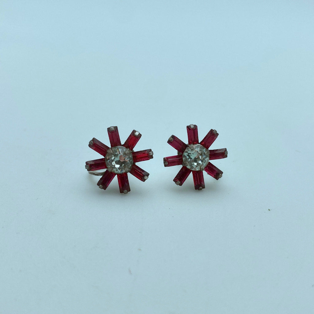 1950s Sterling Hot Pink & Clear Rhinestone Flower Screw Back Earrings (ER24)