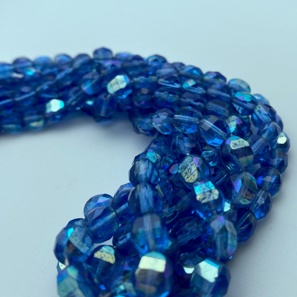 Faceted UV Blue With AB Finish Domed Oval Czech Glass Beads (7x8mm) (BCG100)