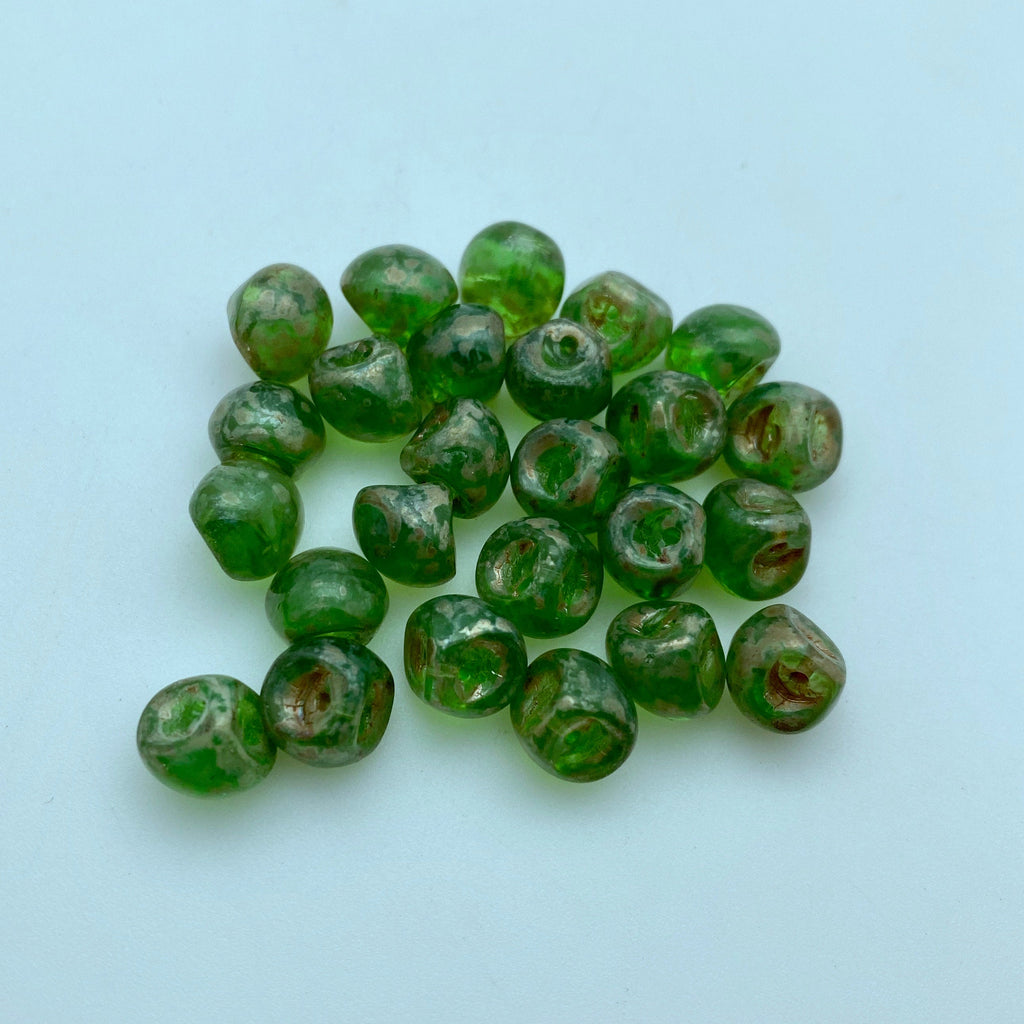 Translucent Green Picasso Czech Glass Mushroom Beads (8mm) (SCG89)