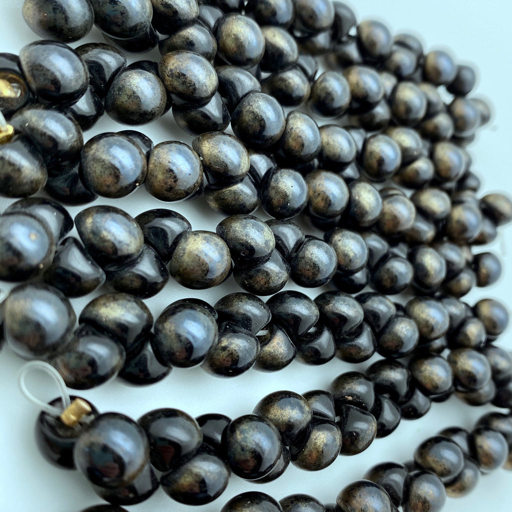 Shiny Black With Hints Of Gold Czech Glass Mushroom Beads (8mm) (SCG94)