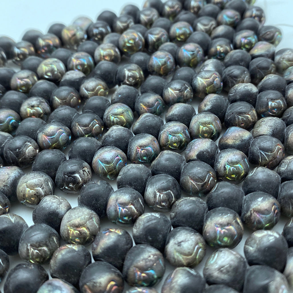 Matte Black With AB Finish Czech Glass Mushroom Beads (10mm) (SCG107)