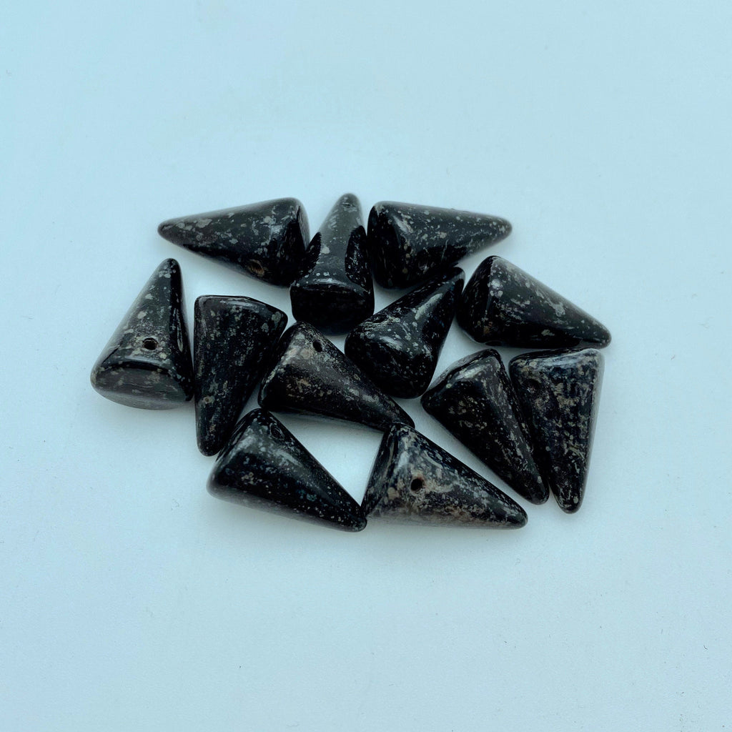 Shiny Black Picasso With Gray Spots Czech Glass Spike Beads (11x18mm) (SCG109)