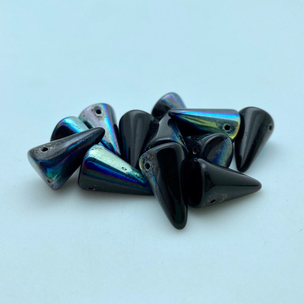 Shiny Black With AB Finish Czech Glass Spike Beads (11x18mm) (SCG110)