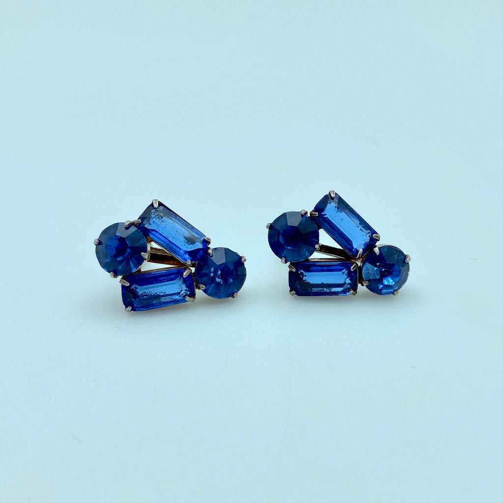 1950&#39;s Sterling & Blue Rhinestone Screw Back Earrings (ER39)