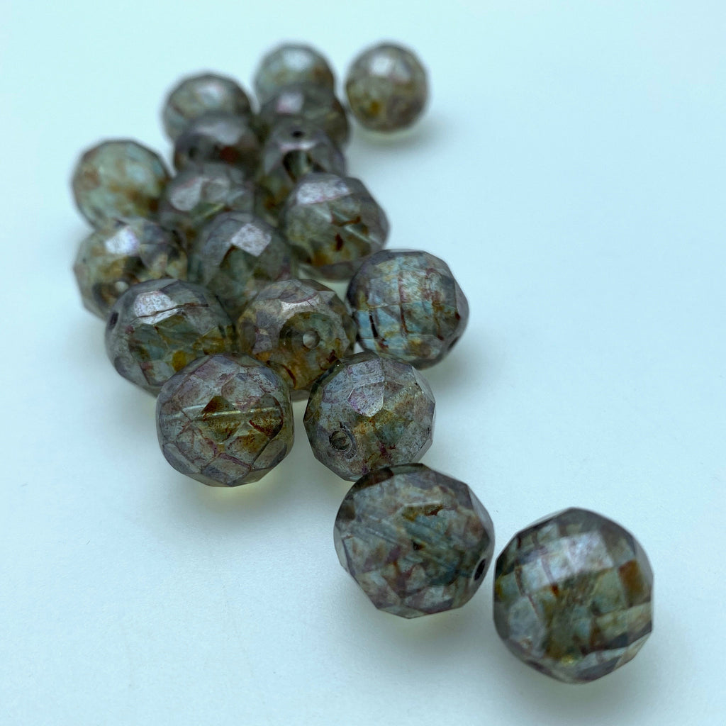 Vintage Translucent Picasso Sage Green Czech Faceted Beads (12mm) (GCG57)