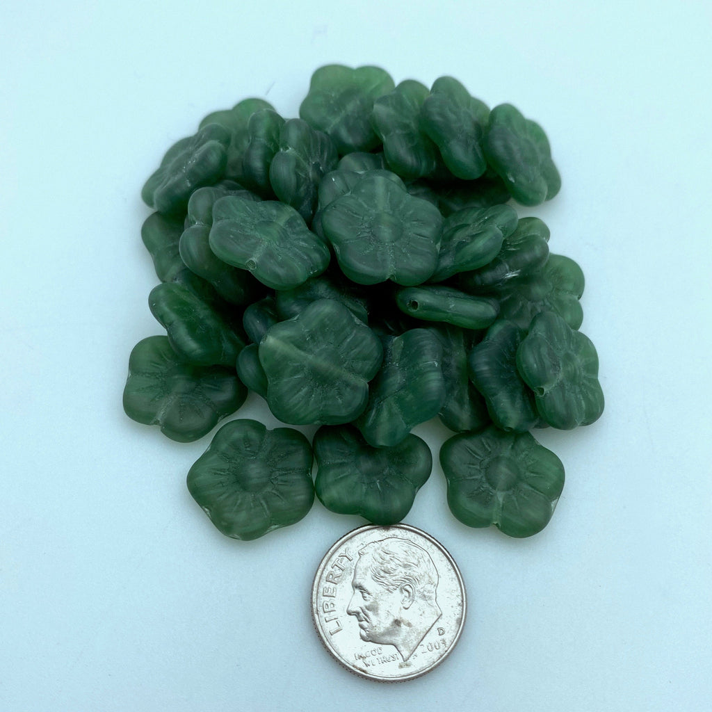 Vintage Opaque Matte Finish Green Striped Czech Glass Flower Beads(15mm) (GCG59)
