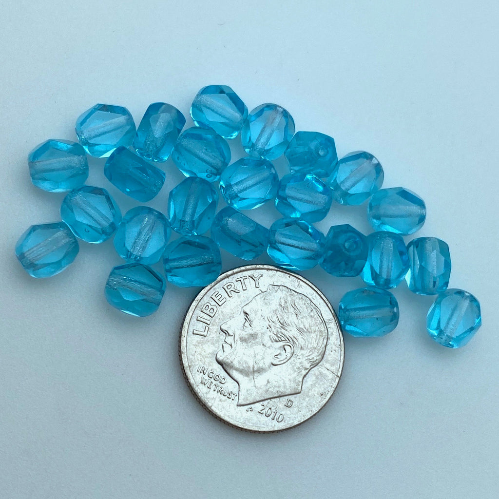 Electric Blue Oval Table Cut Faceted Czech Glass Beads (5x6mm) (BCG12)