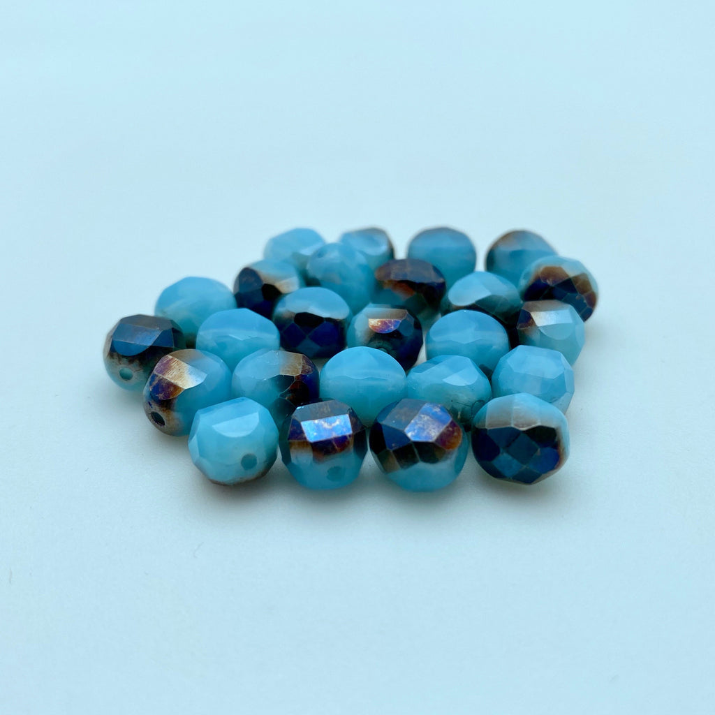Baby Blue Fire Polished Domed Faceted Czech Glass Beads (8mm) (BCG14)