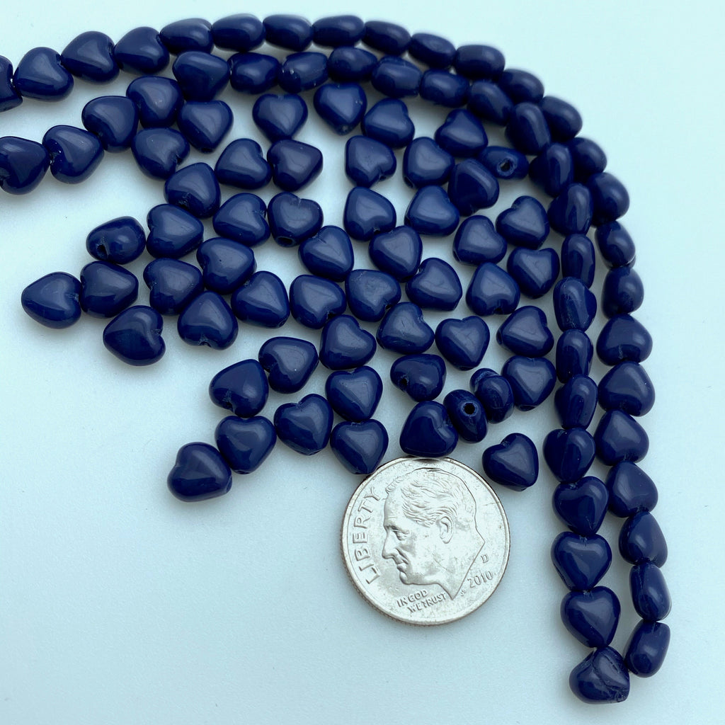 Vintage Navy Blue Heart Czech Glass Beads (6mm) (BCG16)