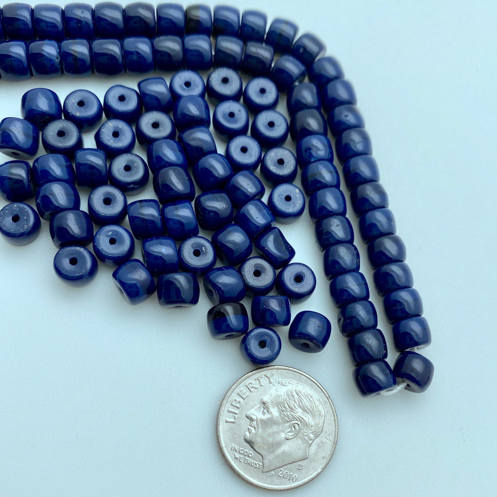 Vintage Navy Blue Barrel Spacer Czech Glass Beads (5x6mm) (BCG17)