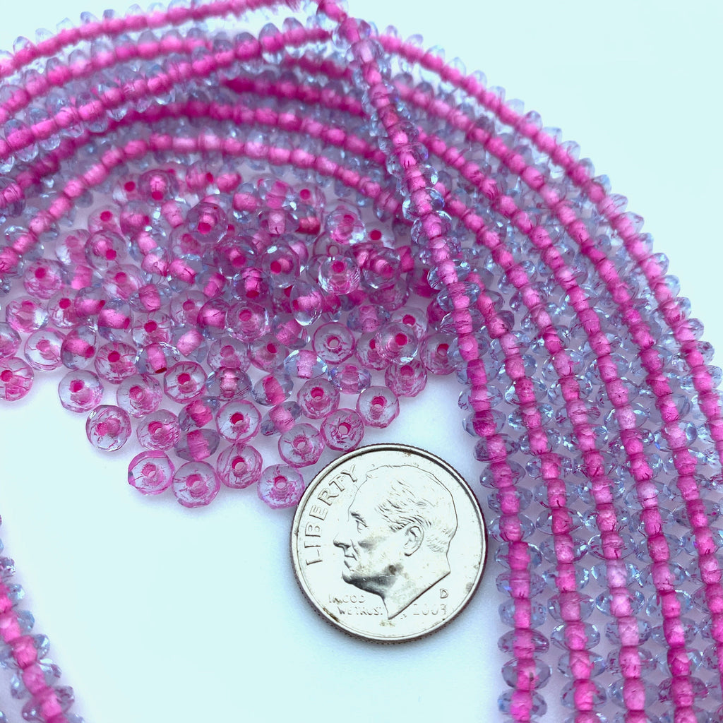 Faceted UV Bubblegum Pink & Clear Rondelle Czech Glass Beads (3x4mm) (PCG2)