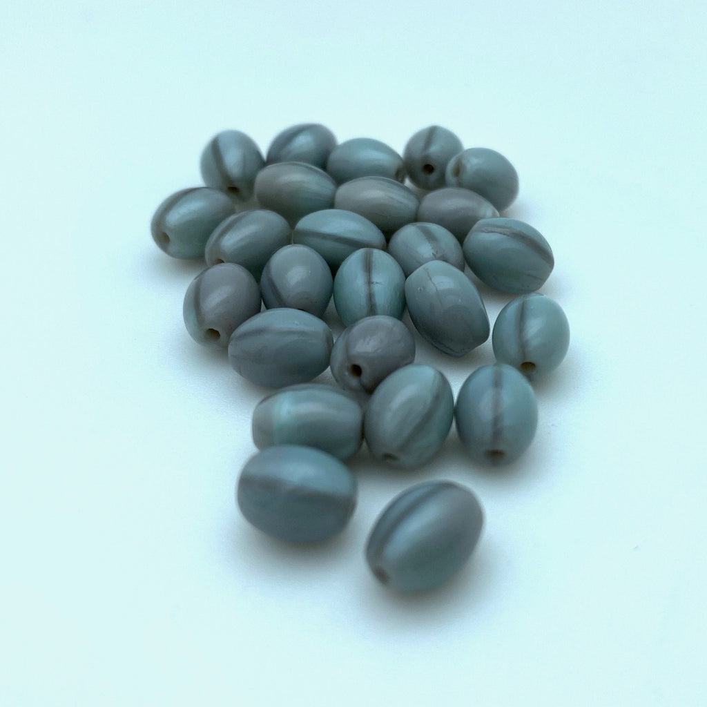 Vintage UV Gray & Light Blue Striped Oval Czech Glass Beads (6x8mm) (GRCG2)