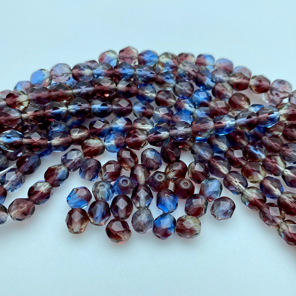 Faceted UV Iridescent Blue & Purple Barrel Czech Glass Beads (6mm) (BCG98)