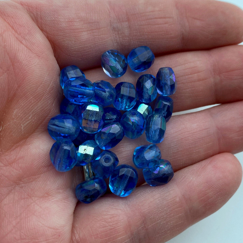 Faceted UV Blue With AB Finish Domed Oval Czech Glass Beads (7x8mm) (BCG100)