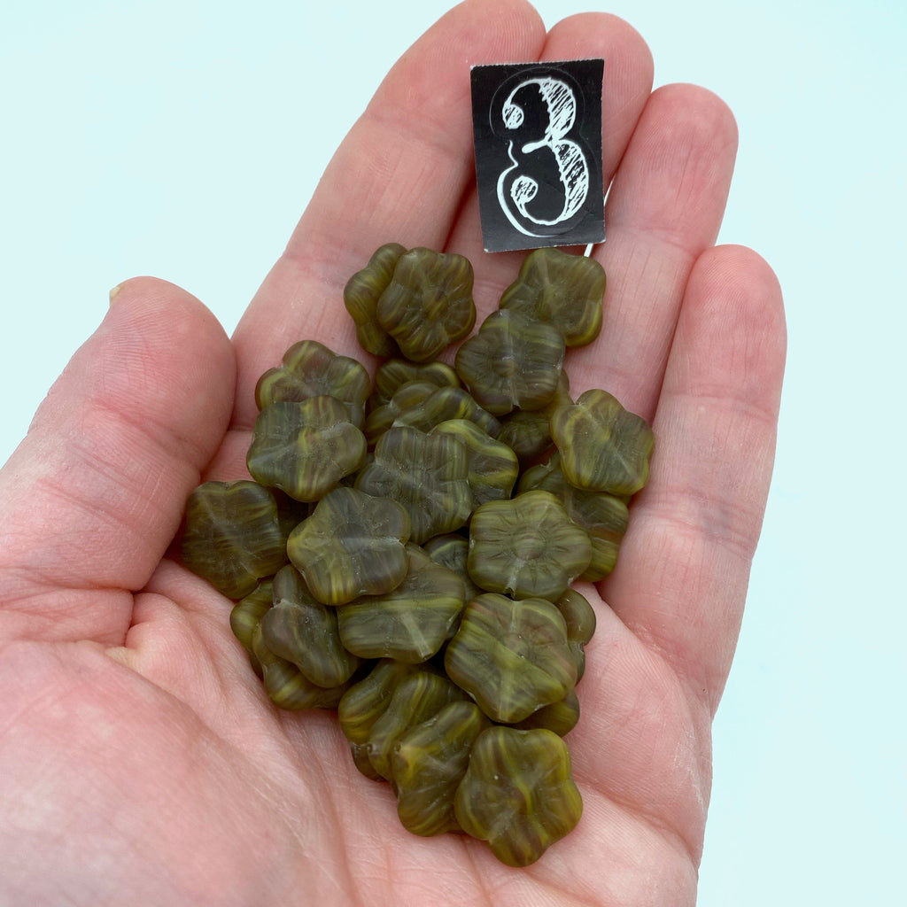 Vintage Opaque Striped Olive Green Czech Glass Flower Beads (15mm) (GCG58)