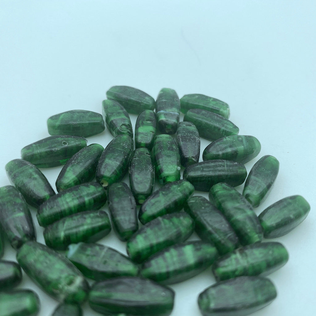 Vintage Indian Dark Green & Black Oval Glass Tube Beads (5x14mm) (GIG1)