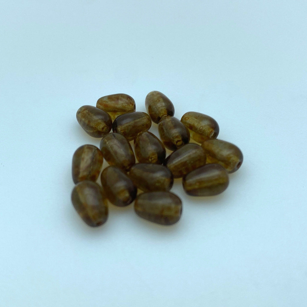 Translucent Olive Green & Brown Picasso Czech Teardrop Beads (5x7mm) (GCG98)