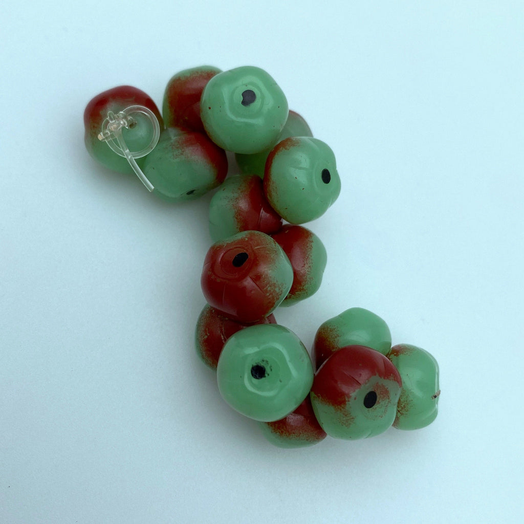 Vintage Red & Green Mushroom/Button Apple Shaped Czech Glass (10x12mm) (GCG113)