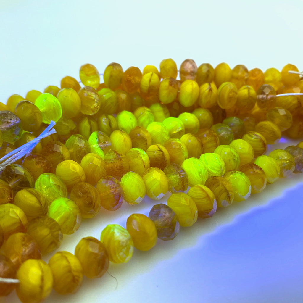 Faceted UV Amber Like Vibrant Yellow Rondelle Czech Glass Beads (6x9mm) (YCG7)
