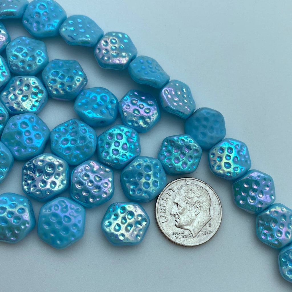 Electric Blue Neon AB Finish Hexagon Spotted Czech Glass Beads (11x12mm)(BCG105)