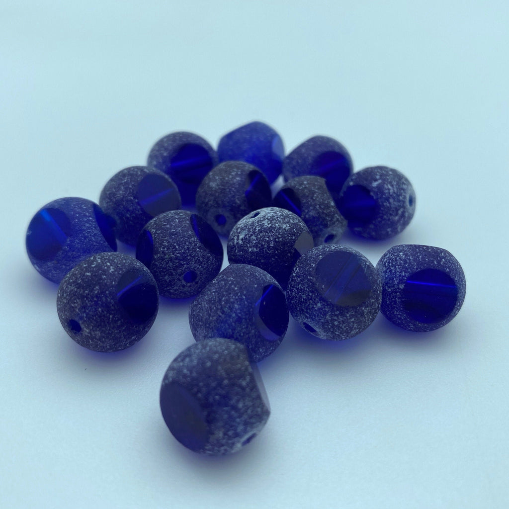 Cobalt Blue Frosted Round Table Cut Czech Glass Beads (12mm) (SCG139)