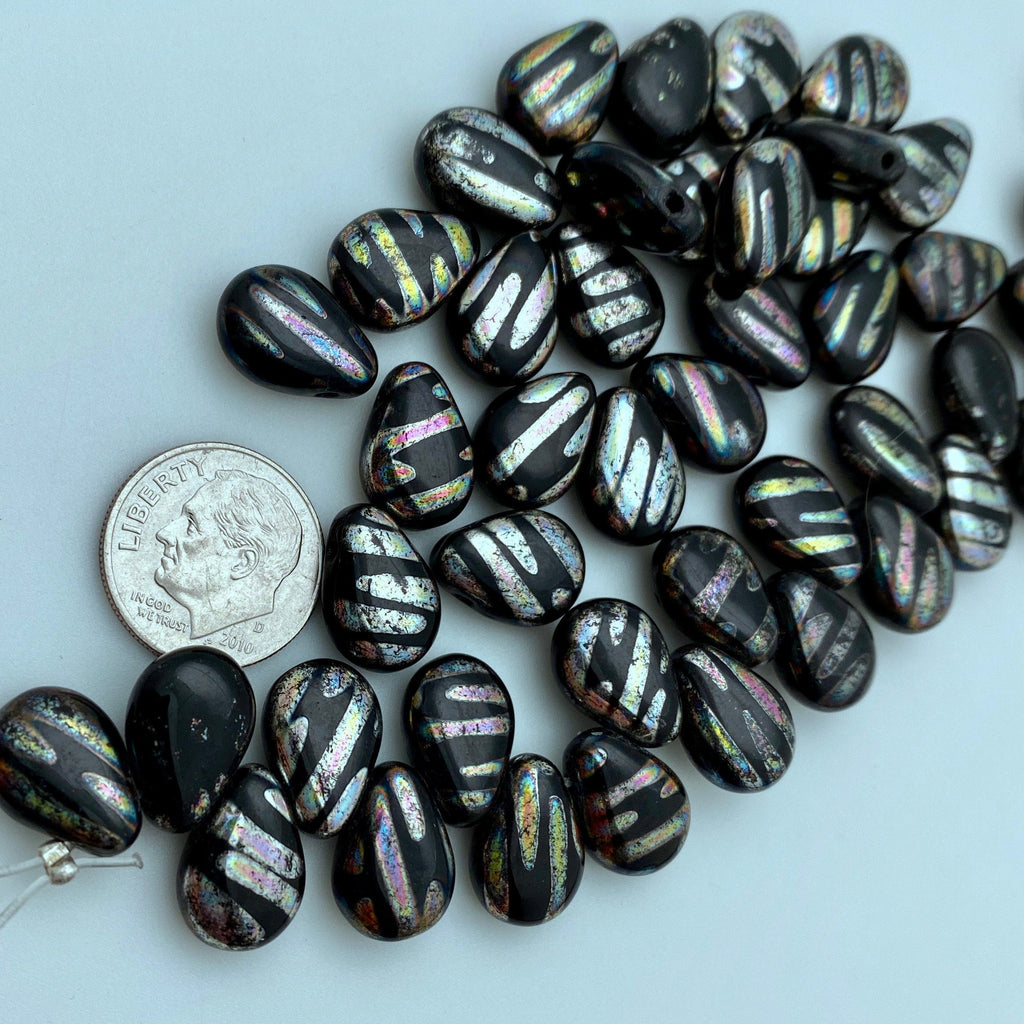 Fire Polished Black Peacock Teardrop Czech Glass Spike Beads (10x13mm) (SCG140)