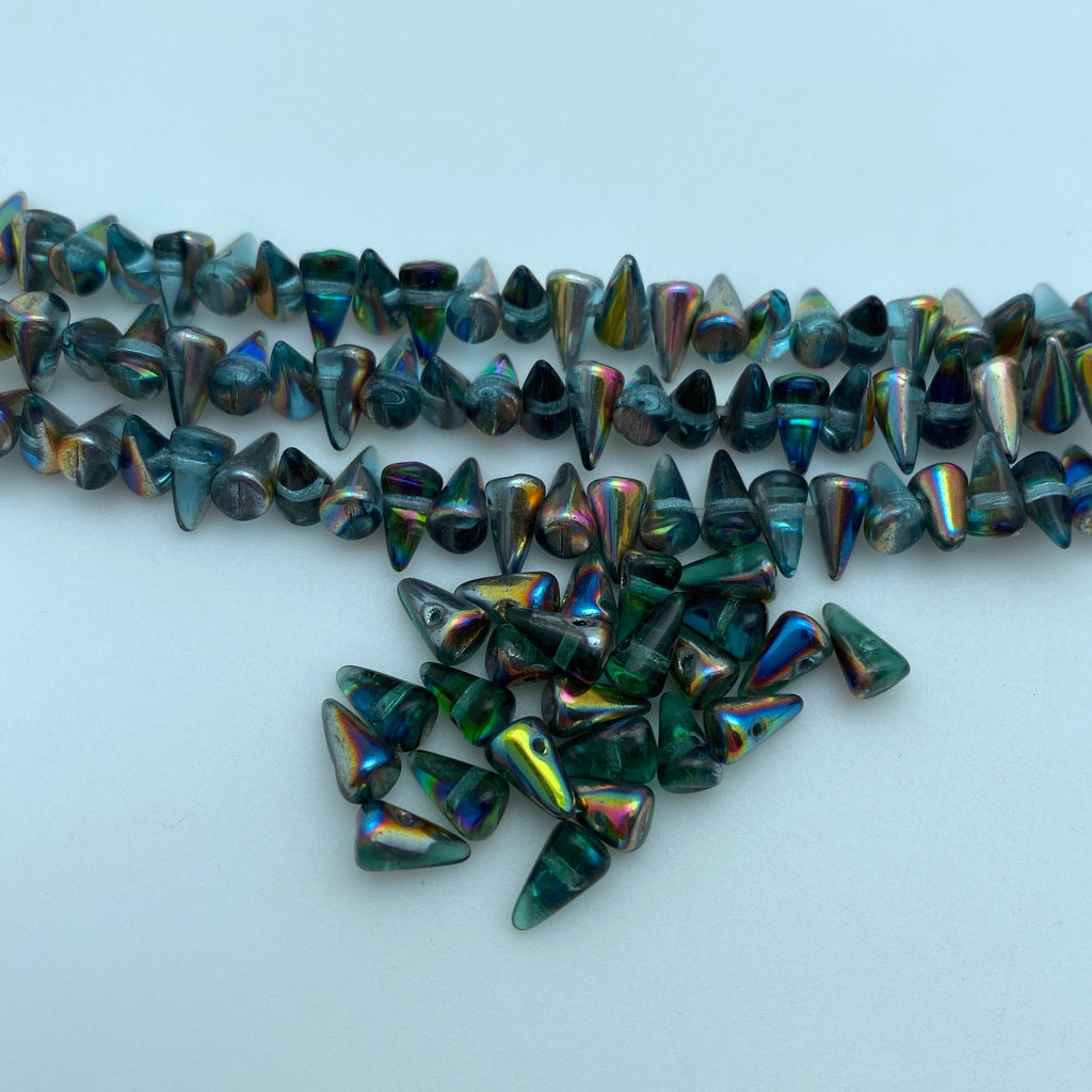 Translucent Fire Polished Teal Green Czech Glass Spike Beads (5x8mm) (SCG163)