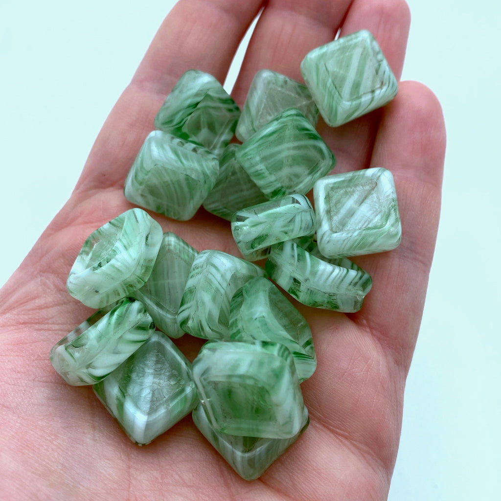 Vintage Diamond Shaped Marbled Green & White West German Beads (20mm) (GGG8)