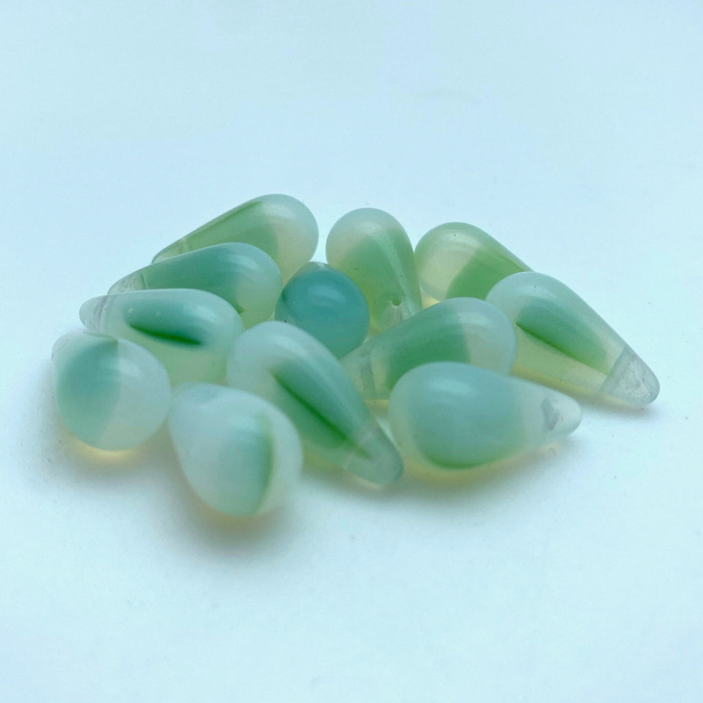 Vintage Milky Green & Clear Teardrop West German Beads (10x20mm) (GGG11)