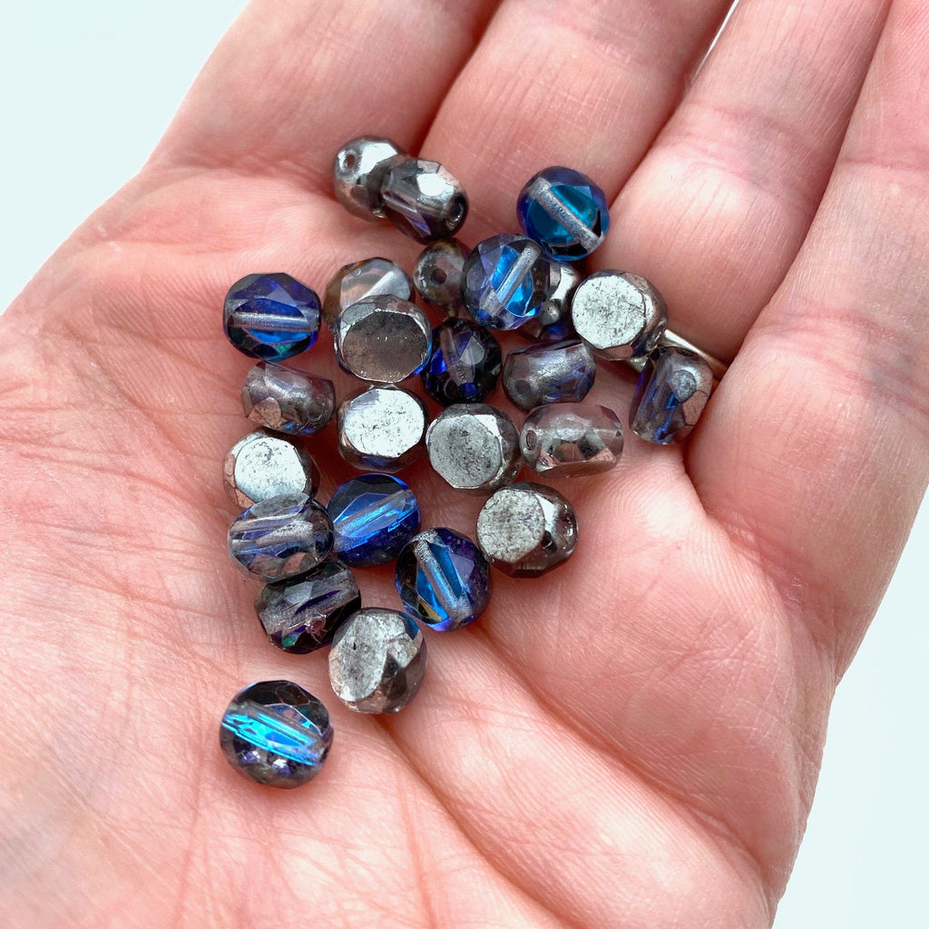 Faceted Electric Silver, Blue & Purple Czech Glass Beads (7x8mm) (BCG31)