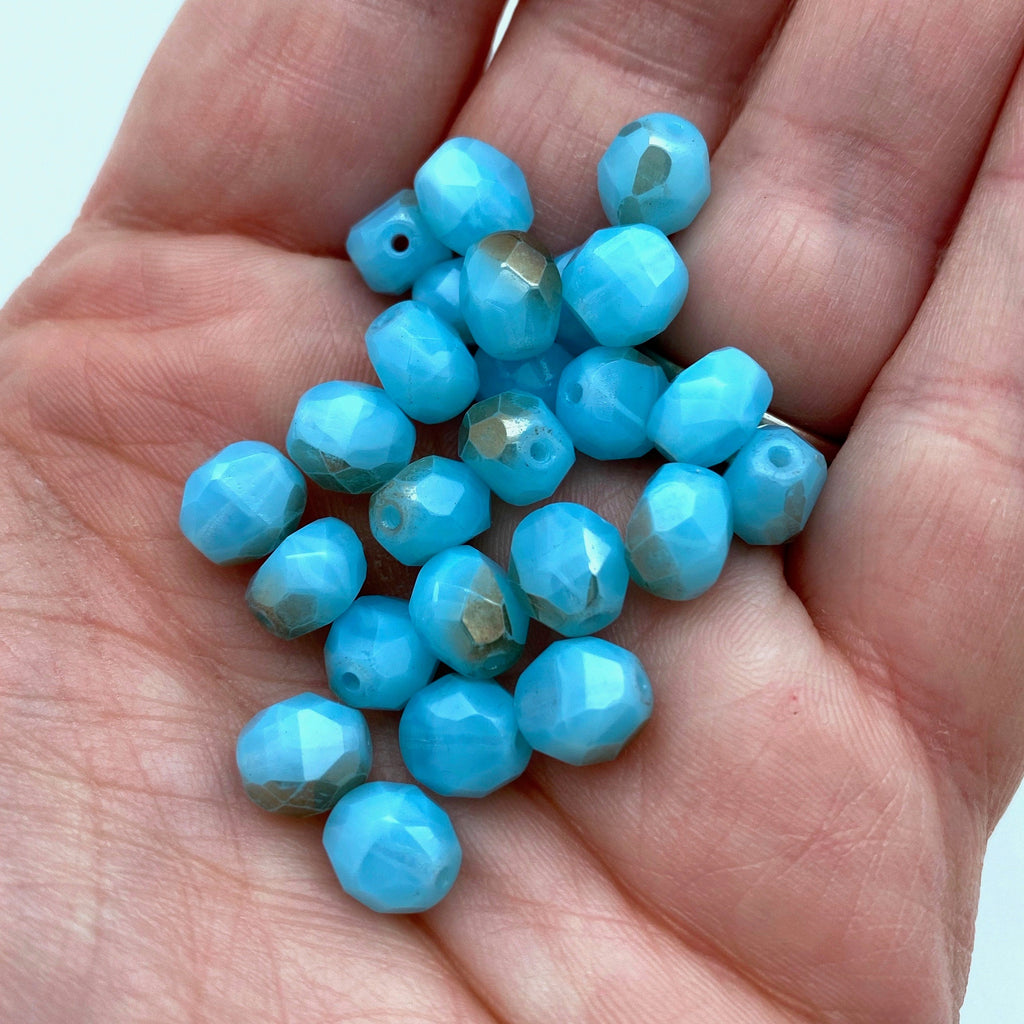 Light Blue & Brown Faceted Table Cut Czech Glass Beads (7x8mm) (BCG37)