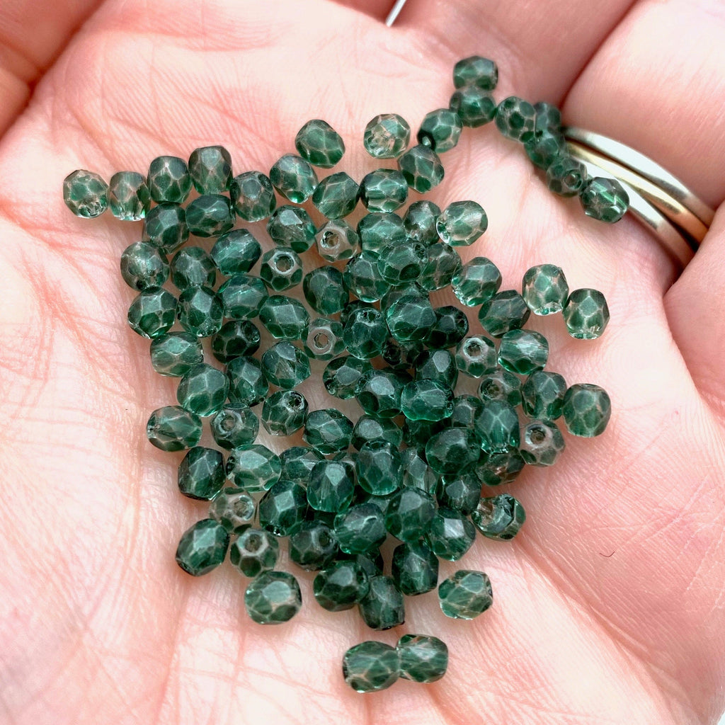 Vintage Transparent Pine Green Czech Glass Beads (4mm) (GCG86)