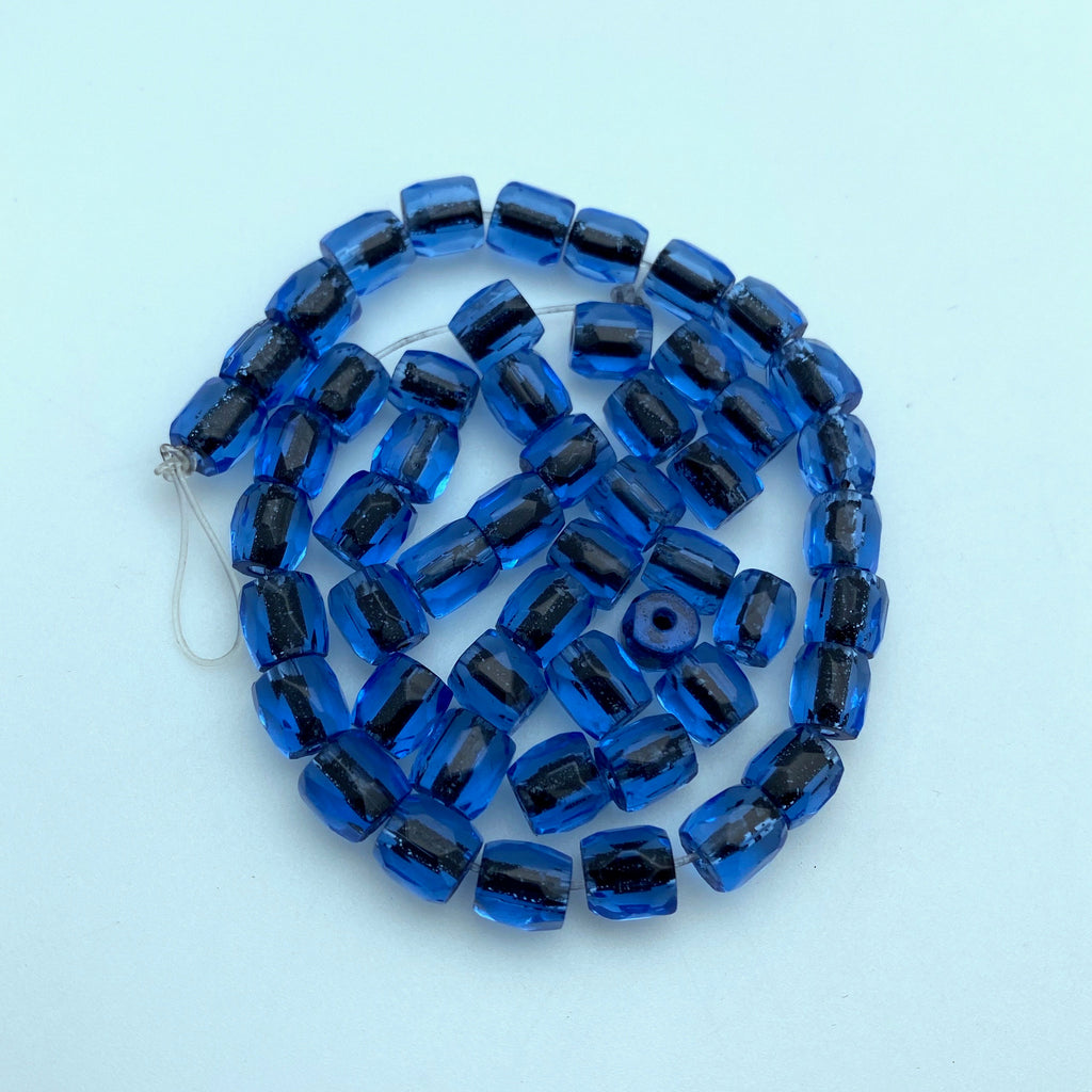 Vintage Yale Blue & Black Czech Glass Barrel Beads (7mm) (BCG116)