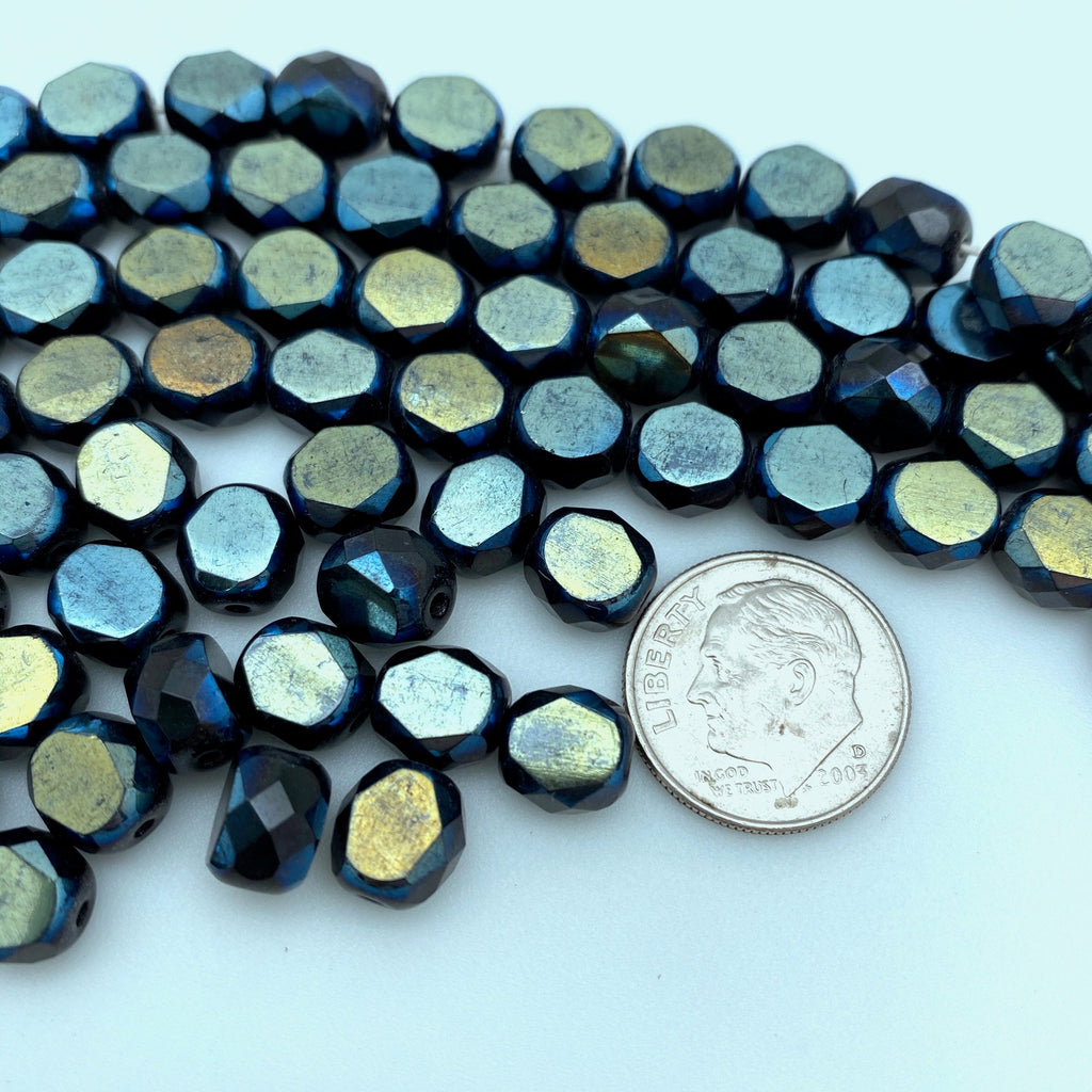 Faceted Fire Polished Air Force Blue Czech Glass Beads (7x8mm) (BCG122)