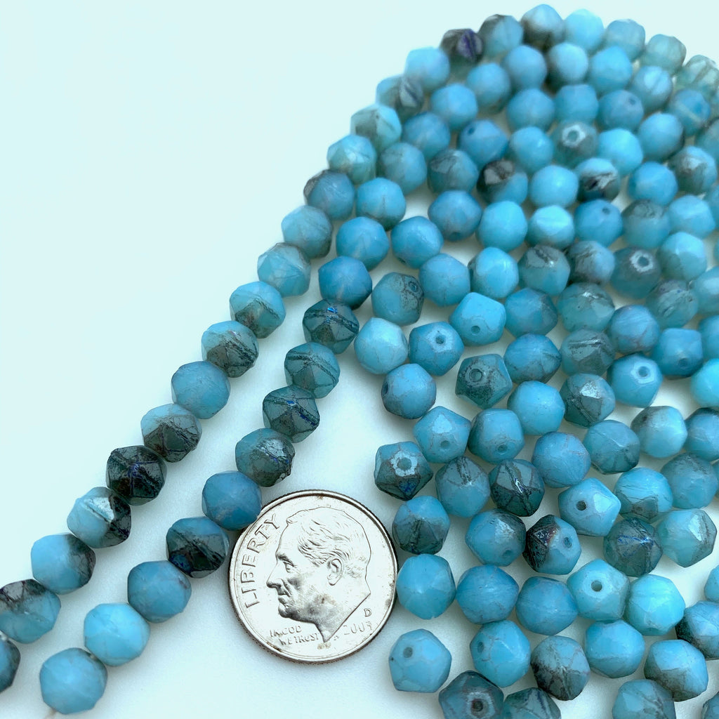 Faceted Turkish Blue & Gray Czech Glass Beads (5x6mm) (BCG129)