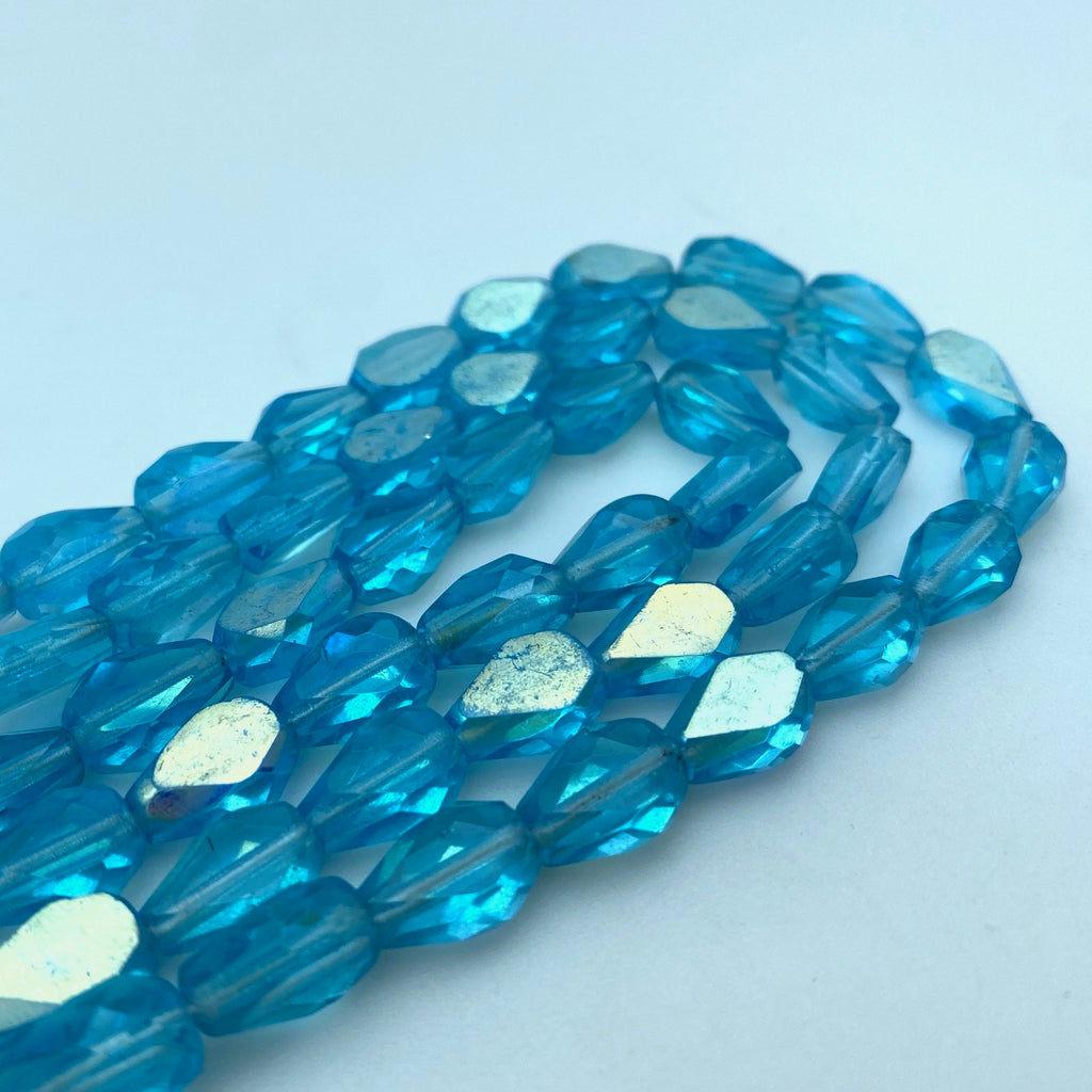 Faceted Fire Polished Arctic Blue Teardrop Czech Glass Beads (7x11mm) (BCG140)