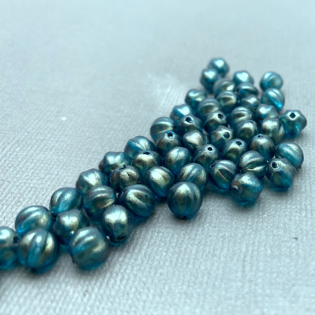 Vintage Teal Blue W/ Hints Of Green Czech Glass Melon Beads (6mm) (BCG142)