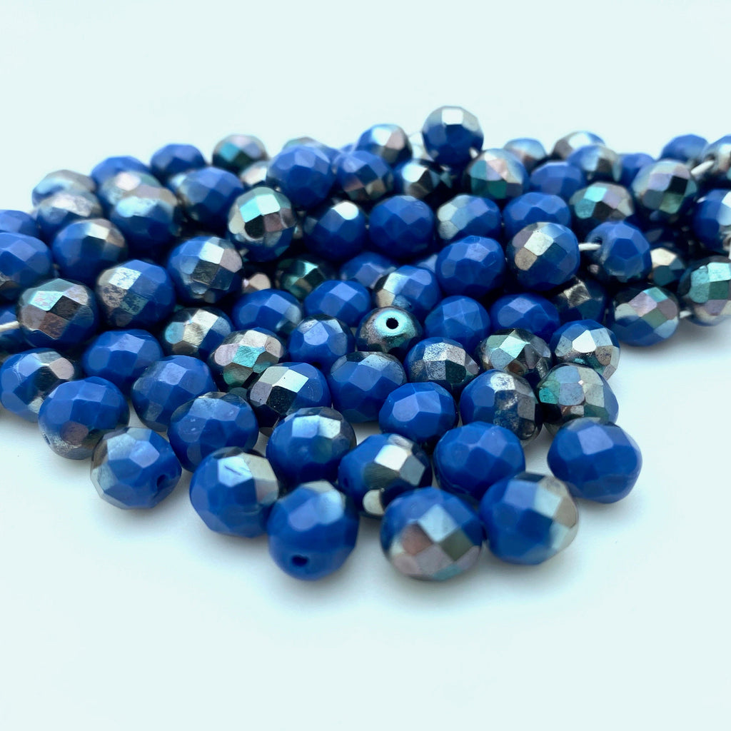 Faceted Fire Polished Prussian Blue & Silver Czech Glass Beads (8mm) (BCG156)