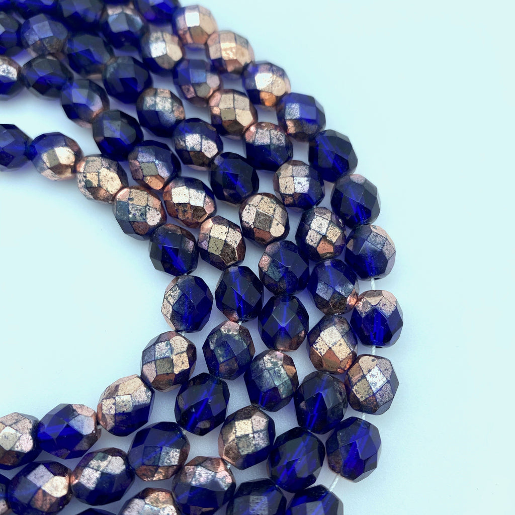 Faceted Fire Polished Cobalt Blue & Copper Czech Glass Beads (8mm) (BCG157)