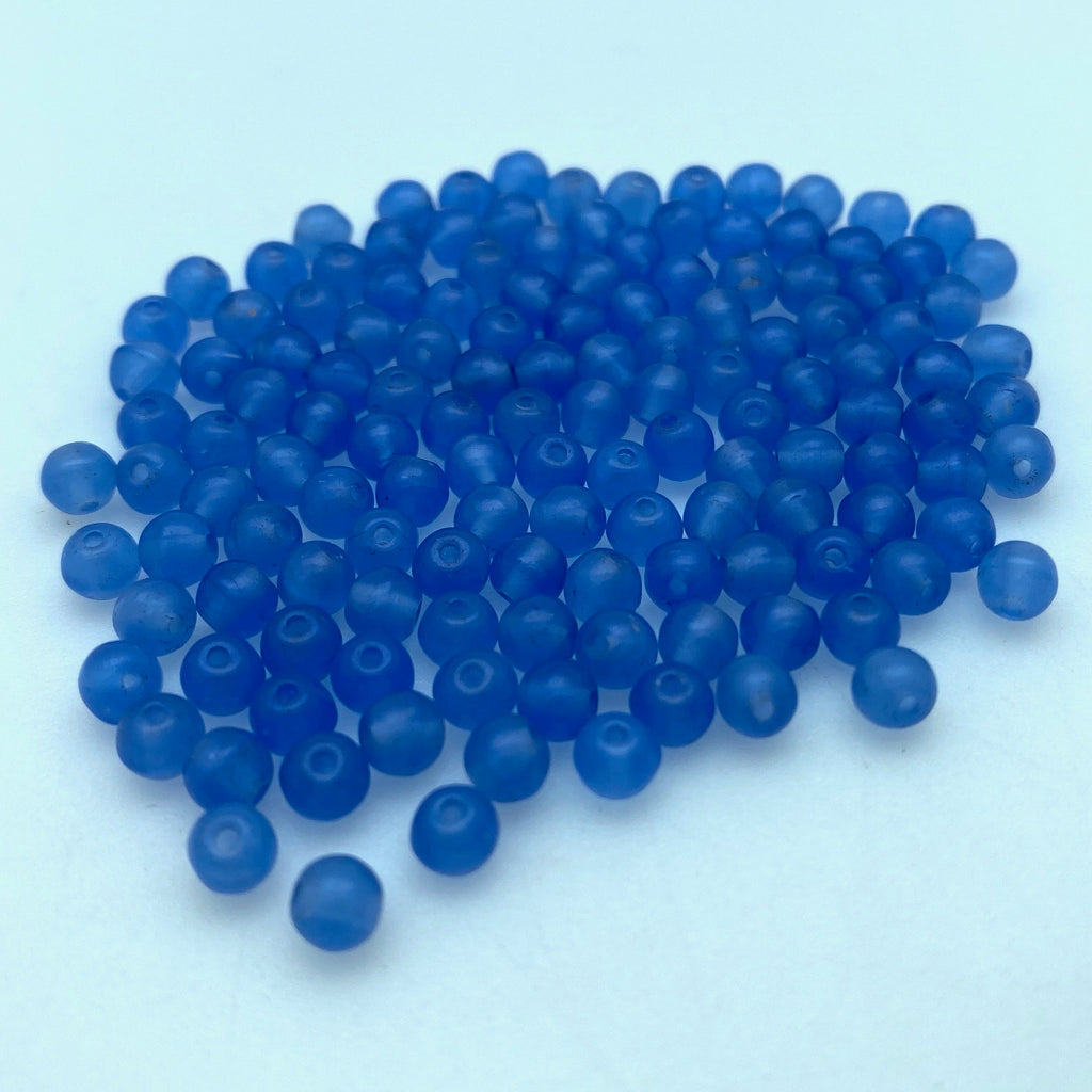 Vintage Frosted Carolina Blue Round Czech Glass Spacer Beads (4mm) (BCG176)