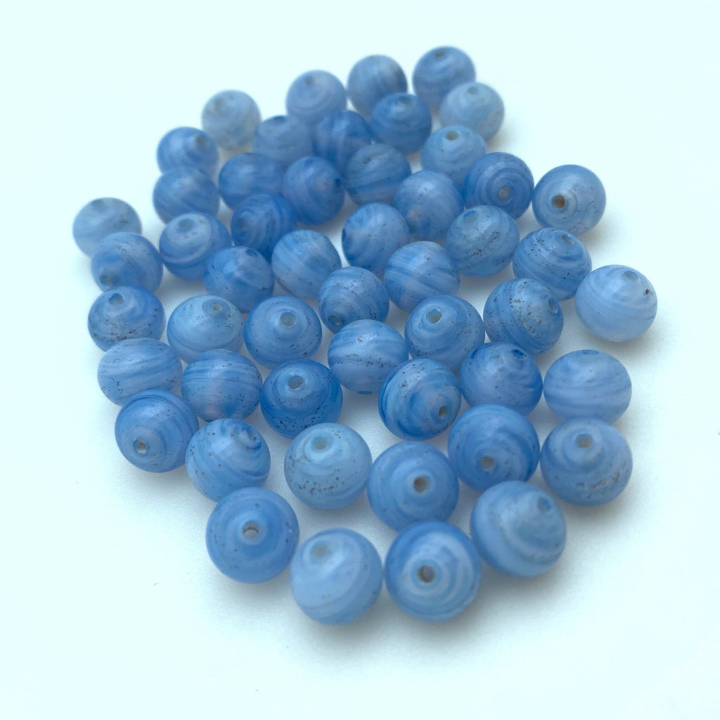 Vintage Air Force Blue & White Round Swirl Czech Glass Beads (7mm) (BCG180)