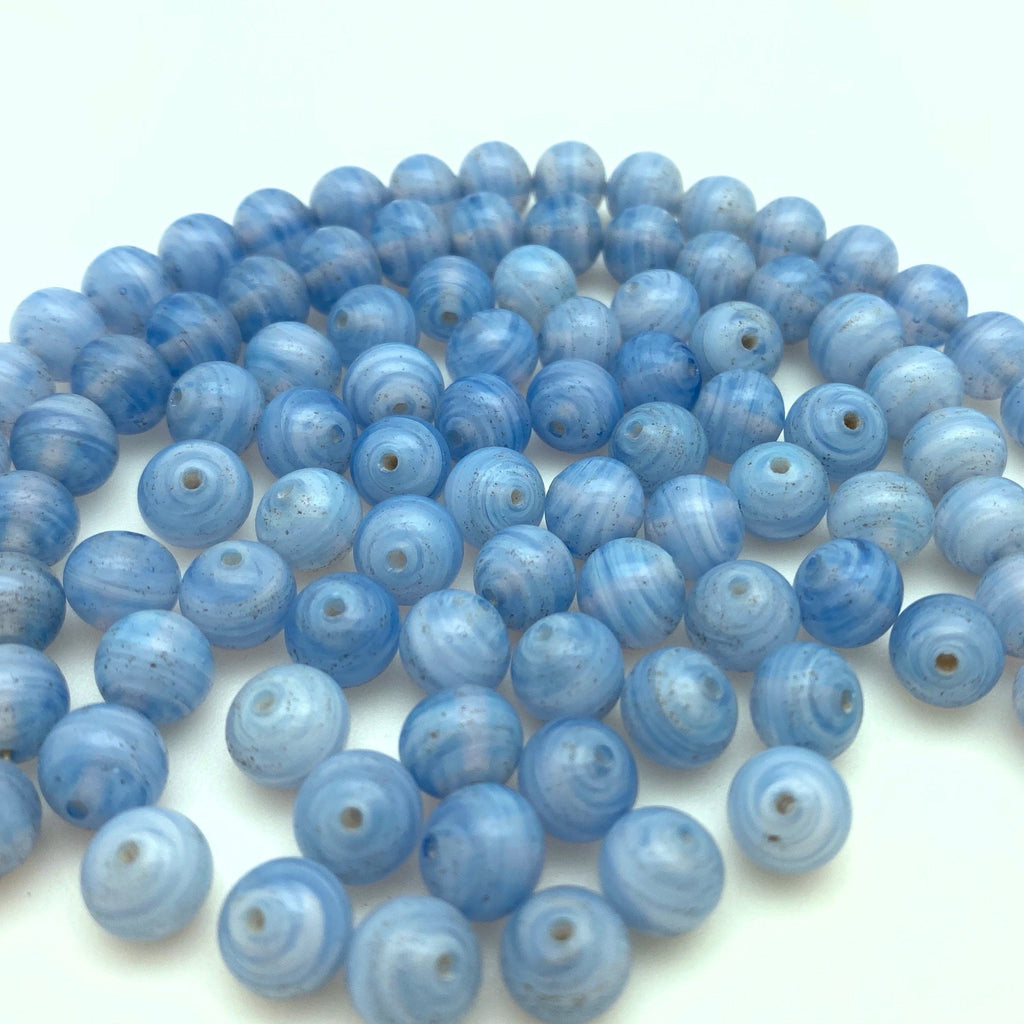 Vintage Air Force Blue & White Round Swirl Czech Glass Beads (7mm) (BCG180)