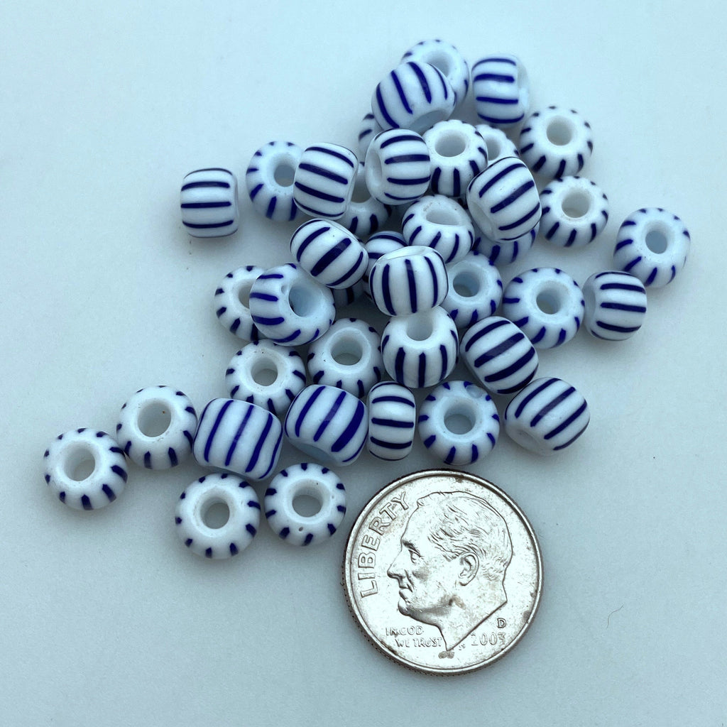 Vintage Large Hole Navy Blue & White Striped Czech Glass Beads (5x7mm) (BCG181)