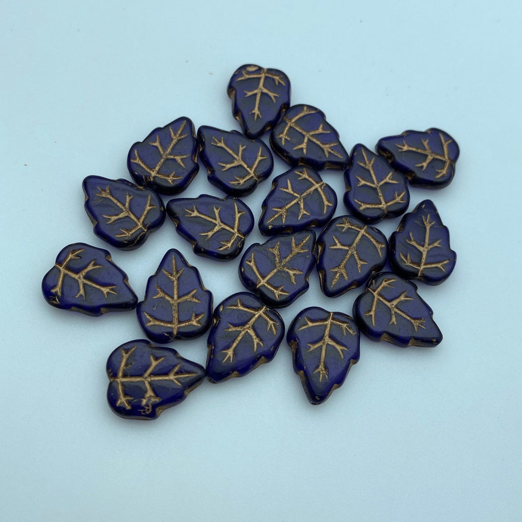 Vintage Cobalt Blue & Gold Fall Leaf Czech Glass Beads (12x15mm) (BCG106)