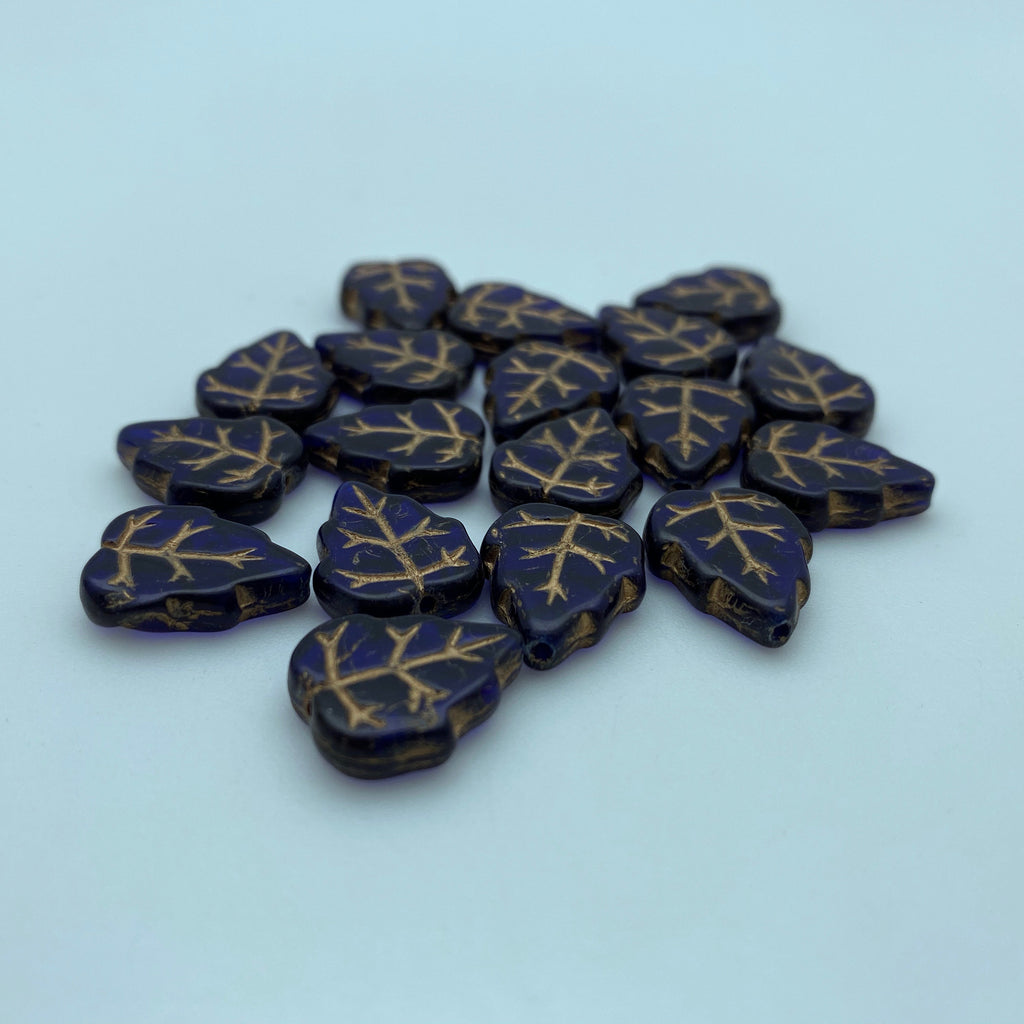 Vintage Cobalt Blue & Gold Fall Leaf Czech Glass Beads (12x15mm) (BCG106)