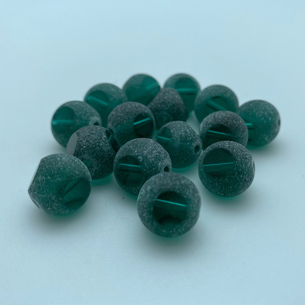 Teal Green Frosted Round Table Cut Czech Glass Beads (12mm) (SCG136)